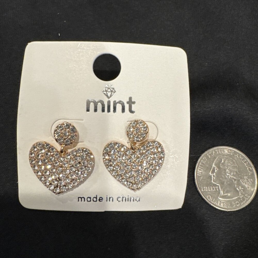 Mint Goldtone Rhinestone Double Heart Dangle Earring  NEW
